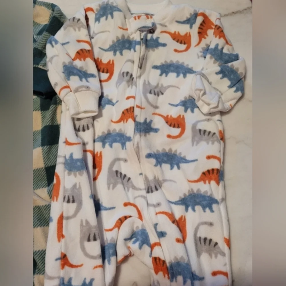Carter's Fleece Brown Green Plaid Dinosaur Onsie Bundle Set Size 3 To 6 Months